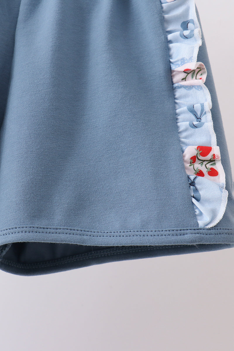 Blue Strawberry Bow Ruffle Shorts Set
