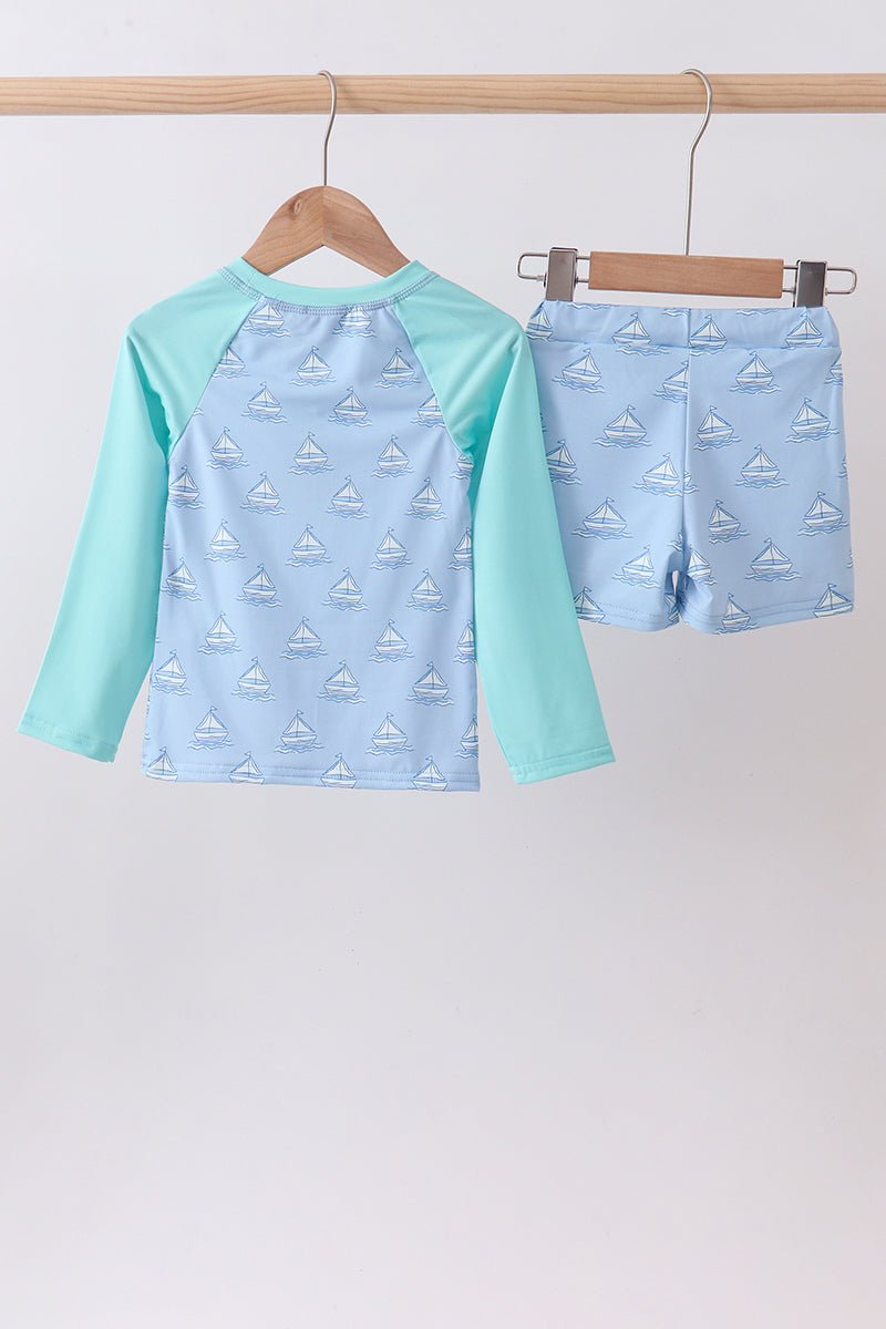 Mint Sailboat Print Rashguard Set