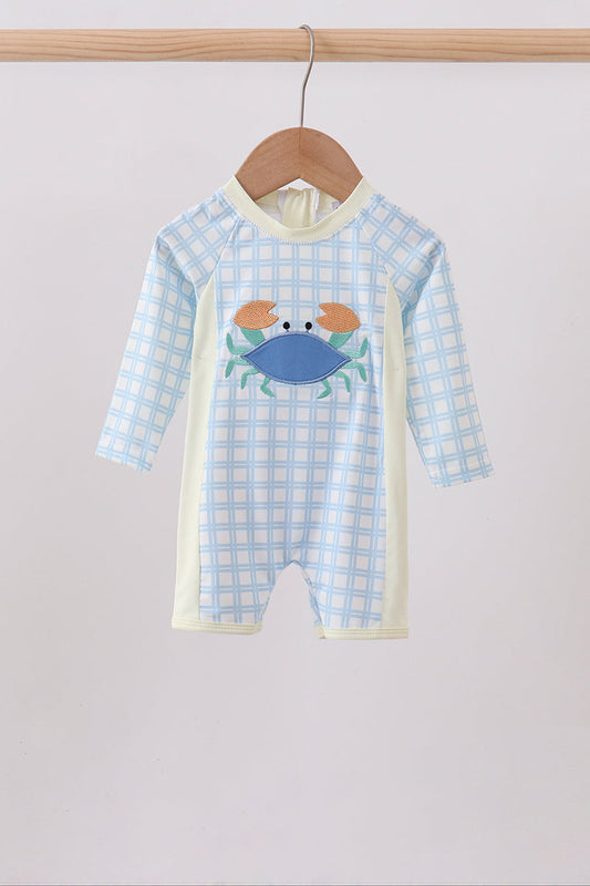 Blue Crab Applique Plaid One-Piece Swimsuit