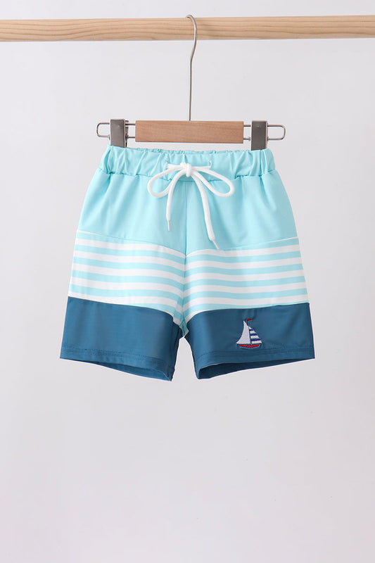 Blue Stripe Sailboat Embroidery Swim Trunks