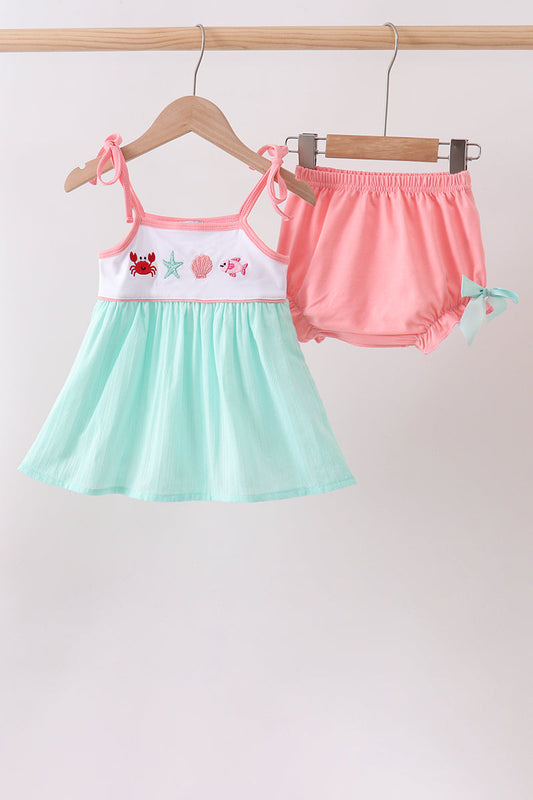Toddler Girls Green Marine Embroidered Jacquard Bloomer Set