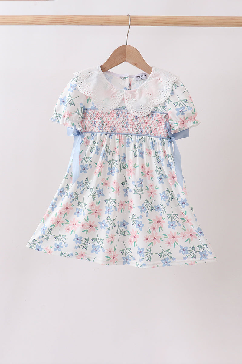 Girls Blue Floral Smocked Dress