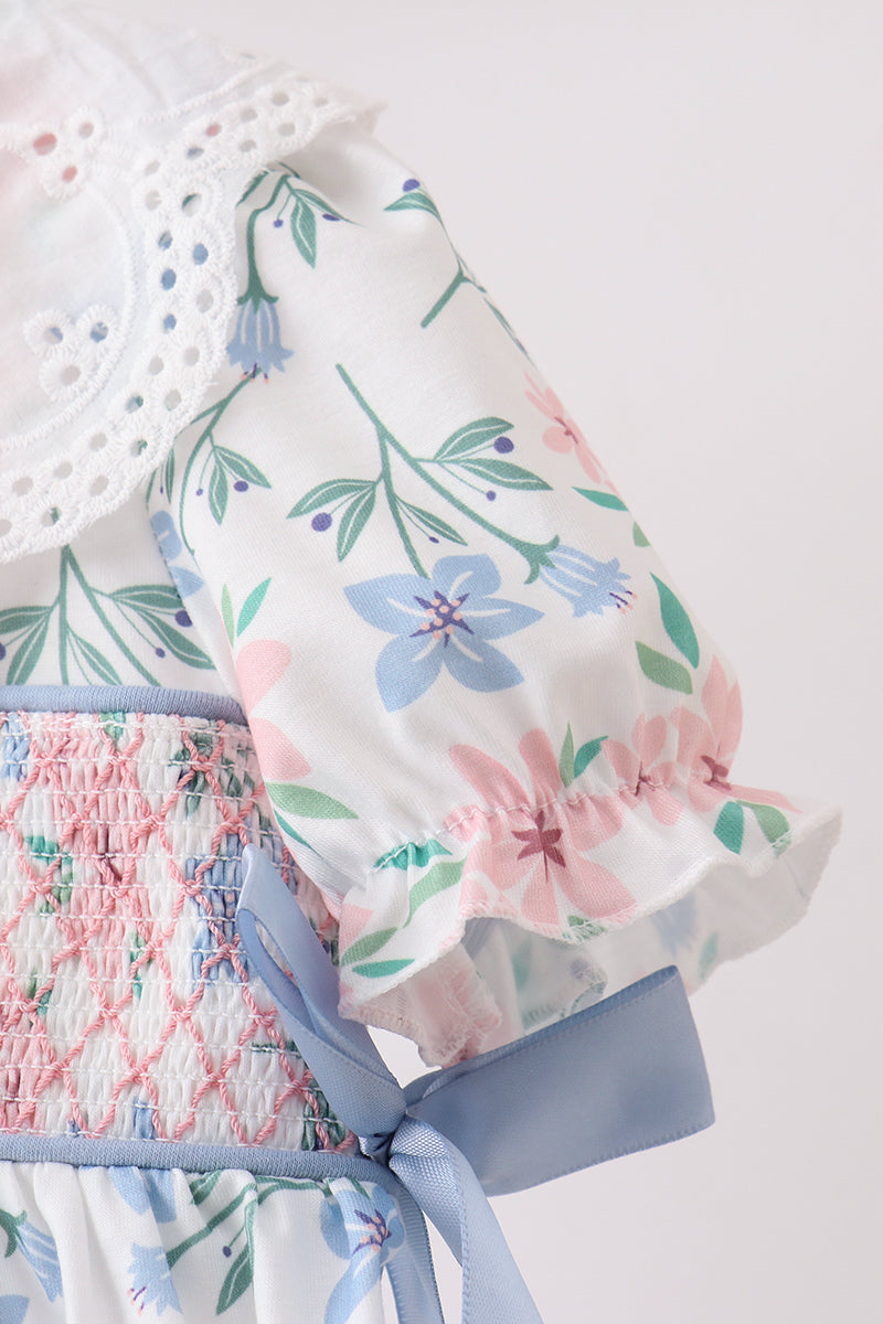 Girls Blue Floral Smocked Dress