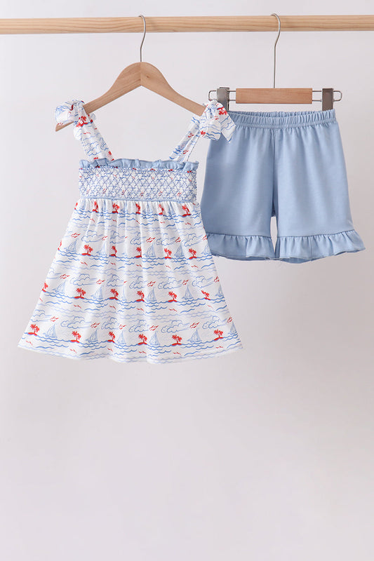 Girls Blue Sailboat Smocked Set