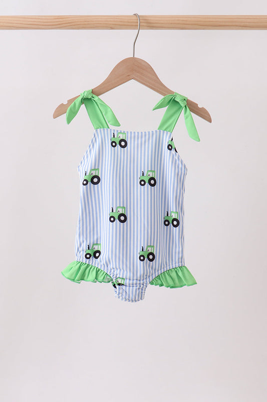 Toddler Girls Blue Tractor Stripe UPF Swim One-Piece