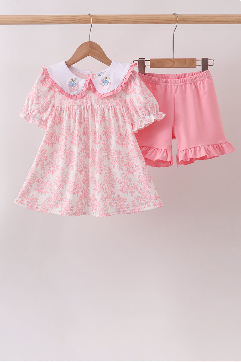 Girls Pink Rose Apple Embroidery Ruffle Dress Set