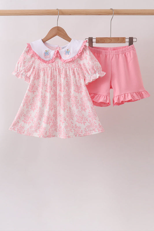 Girls Pink Rose Apple Embroidery Ruffle Dress Set