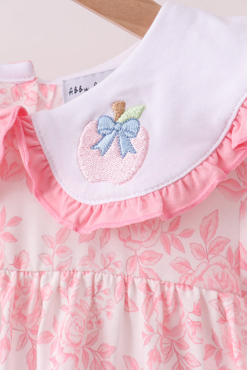Girls Pink Rose Apple Embroidery Ruffle Dress Set