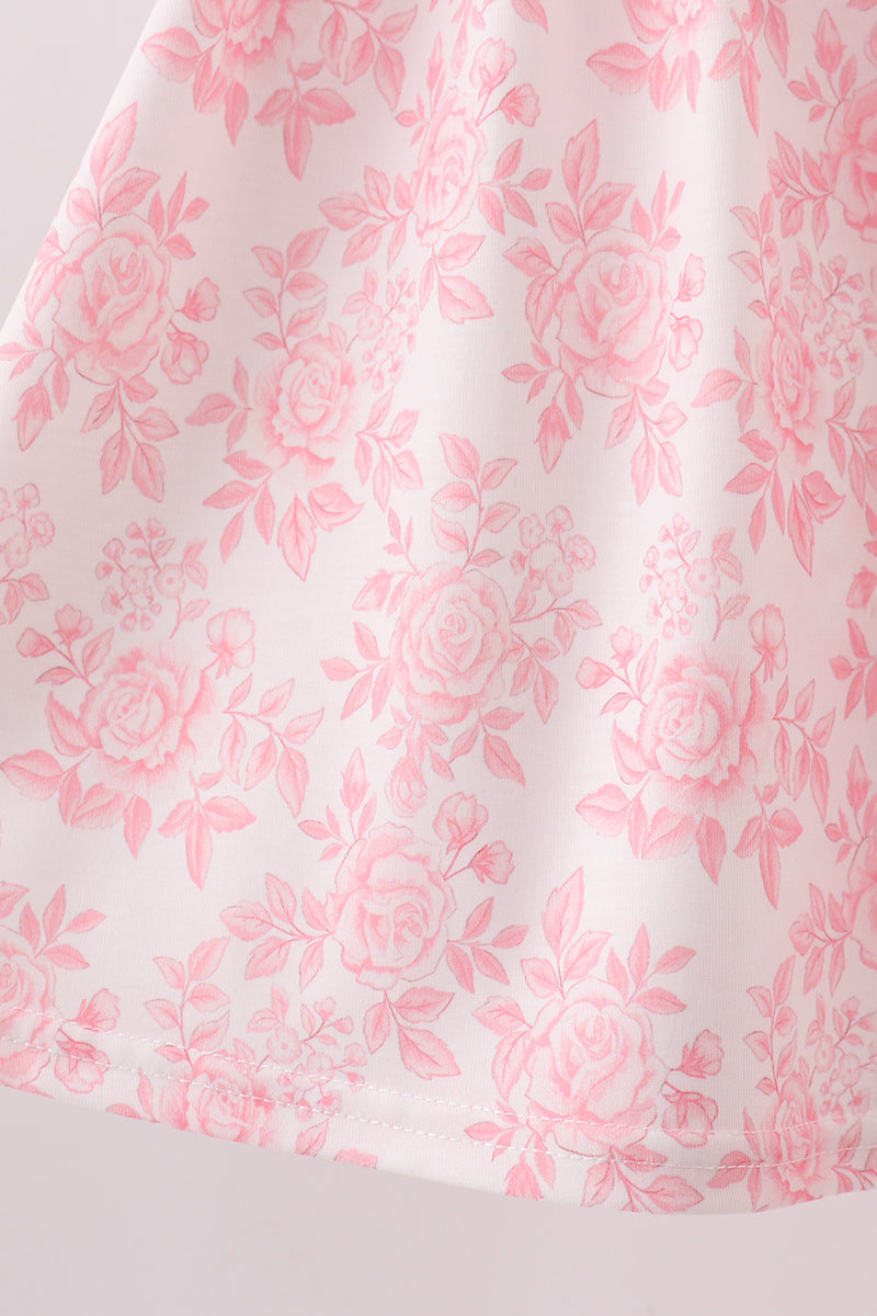 Girls Pink Rose Apple Embroidery Ruffle Dress Set
