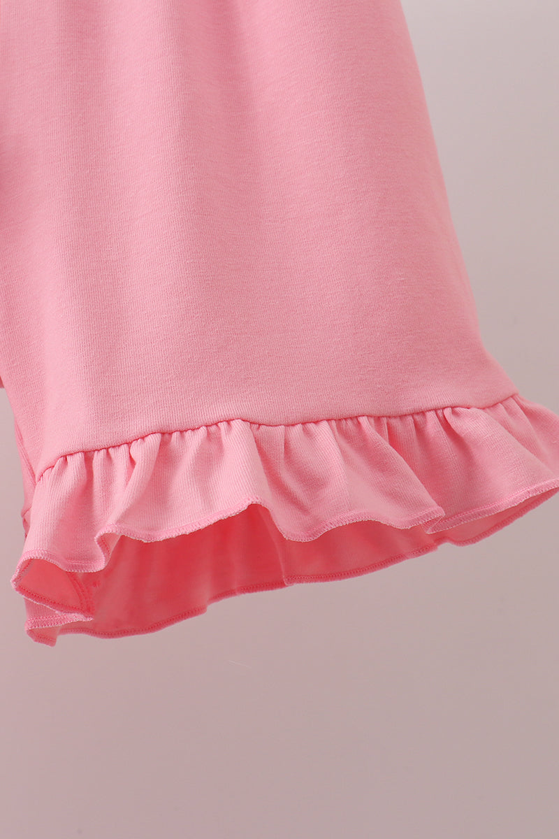 Girls Pink Rose Apple Embroidery Ruffle Dress Set