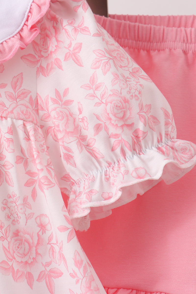 Girls Pink Rose Apple Embroidery Ruffle Dress Set