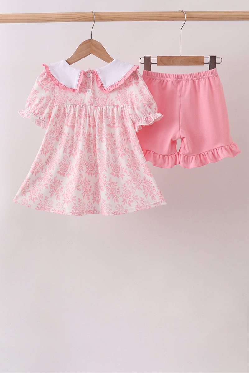 Girls Pink Rose Apple Embroidery Ruffle Dress Set