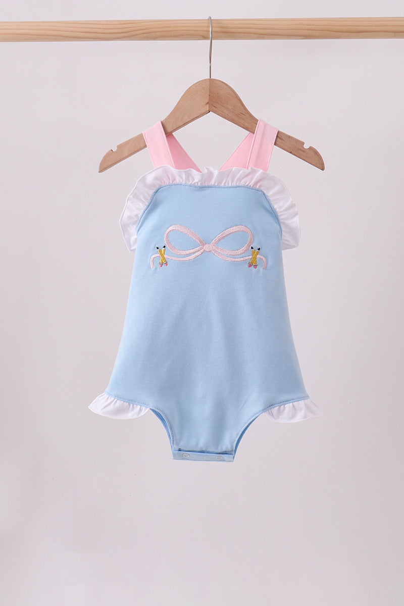 Baby Girls Blue pencil bow embroidery ruffle bubble