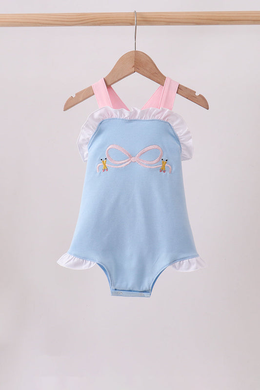 Baby Girls Blue pencil bow embroidery ruffle bubble