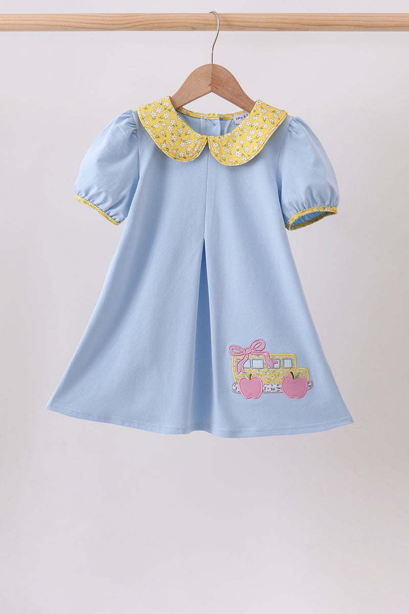 Girls Blue Bus Floral Applique Dress