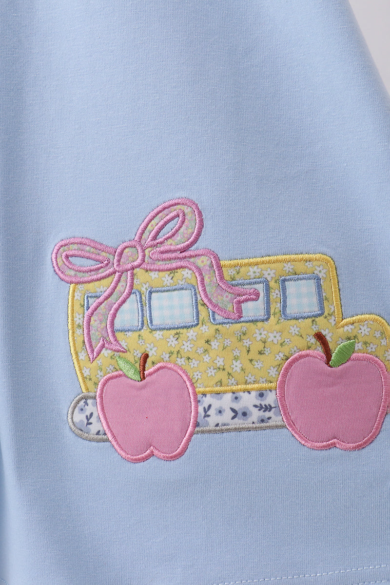 Girls Blue Bus Floral Applique Dress
