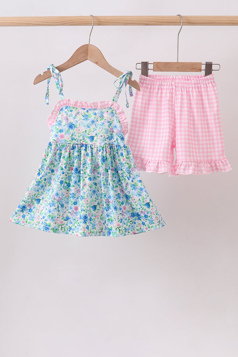 Girls Blue Floral Short Set