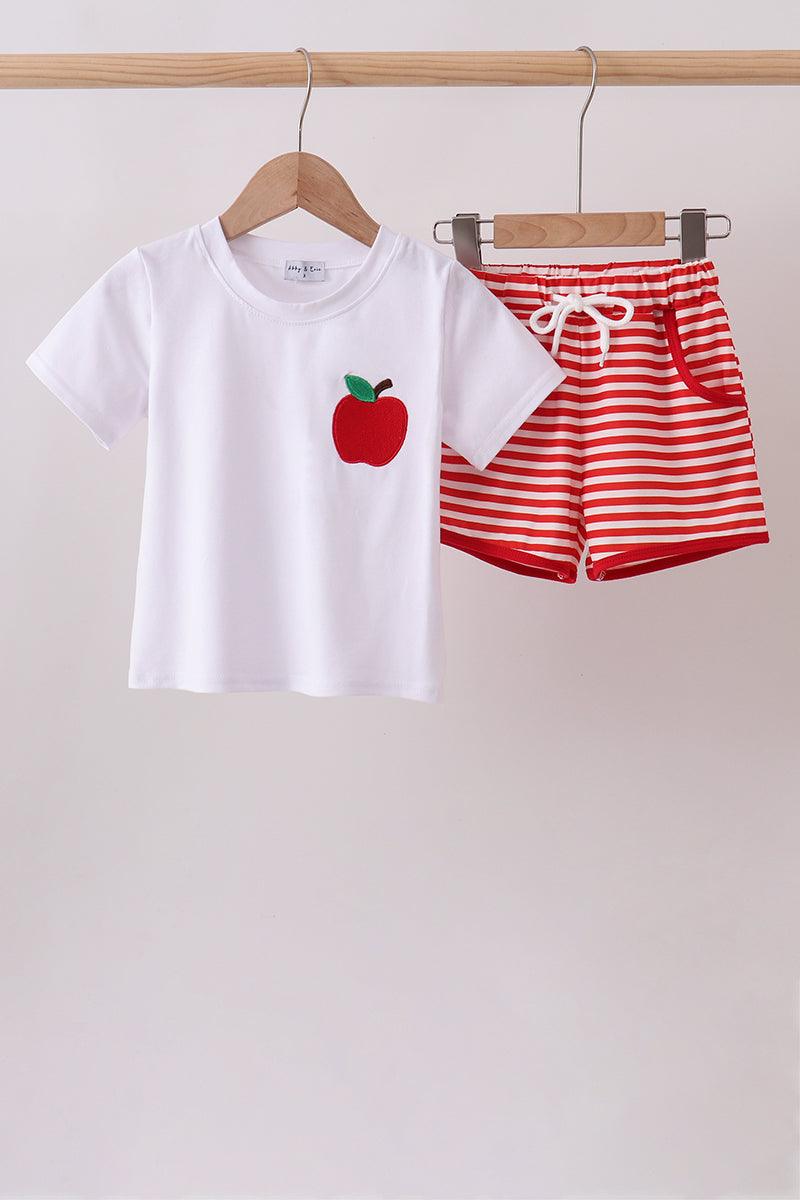 Boys Red Stripe Apple Embroidered Set