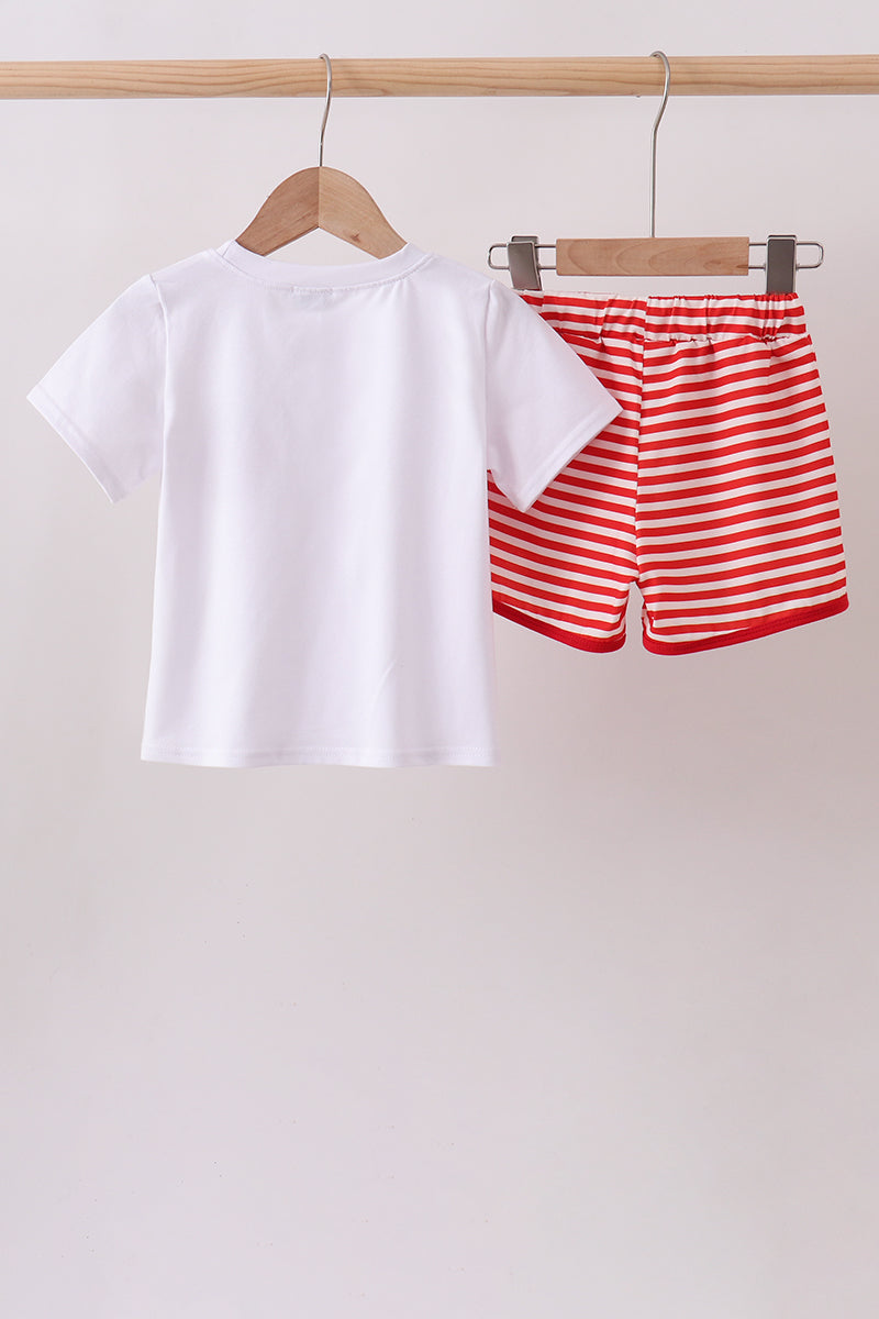 Boys Red Stripe Apple Embroidered Set