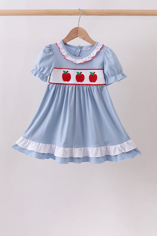 Girls Blue Apple Embroidered Dress