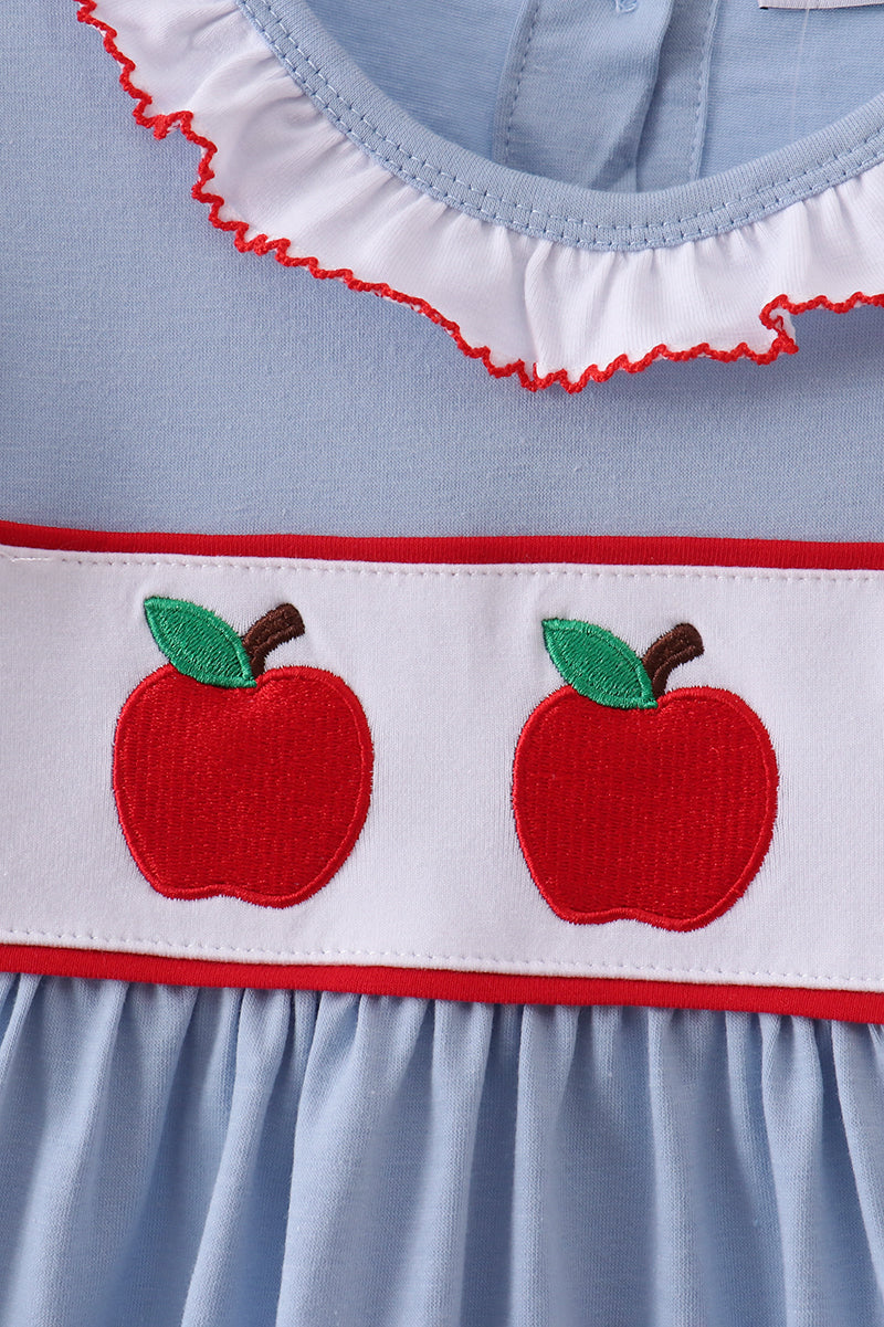 Girls Blue Apple Embroidered Dress
