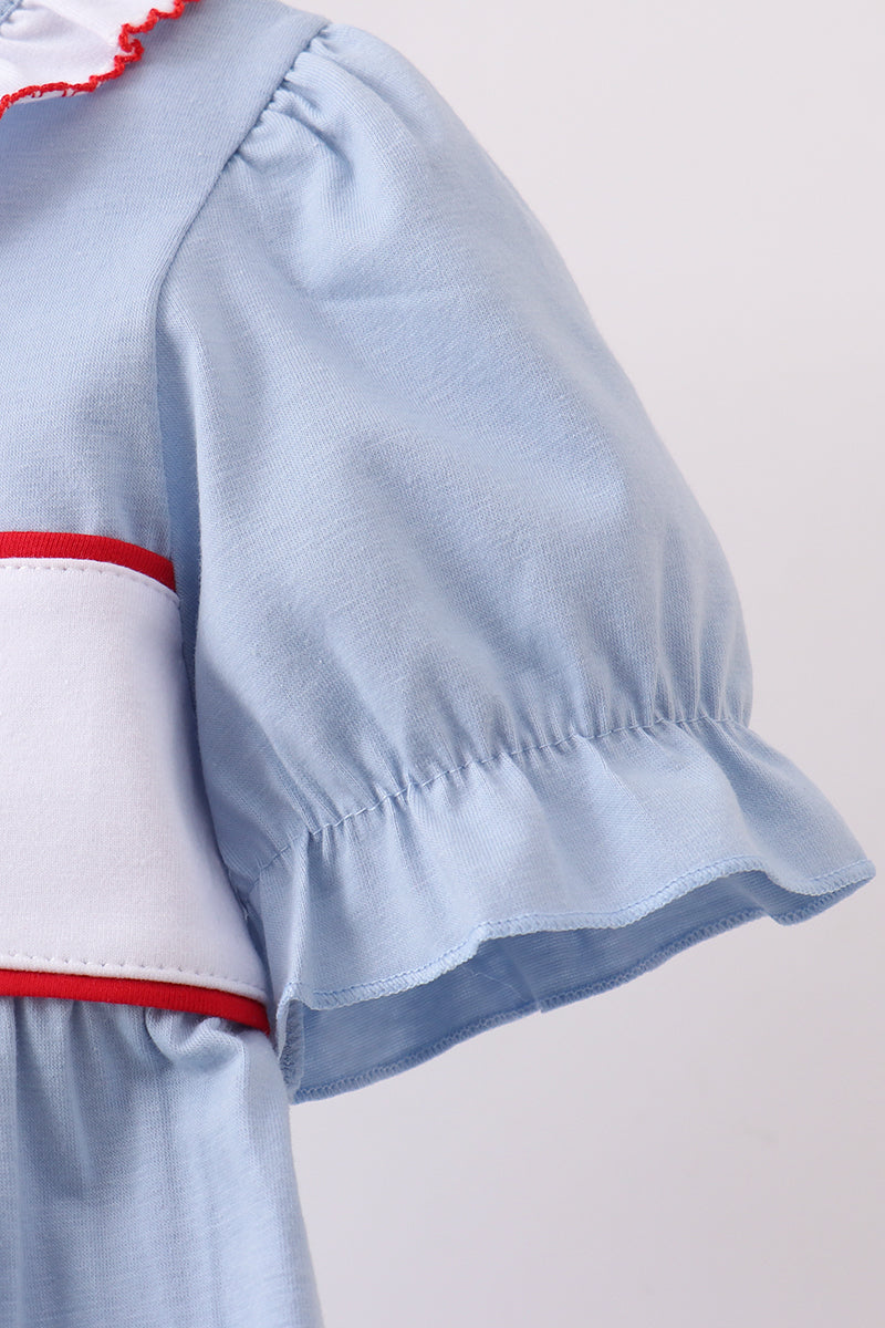 Girls Blue Apple Embroidered Dress