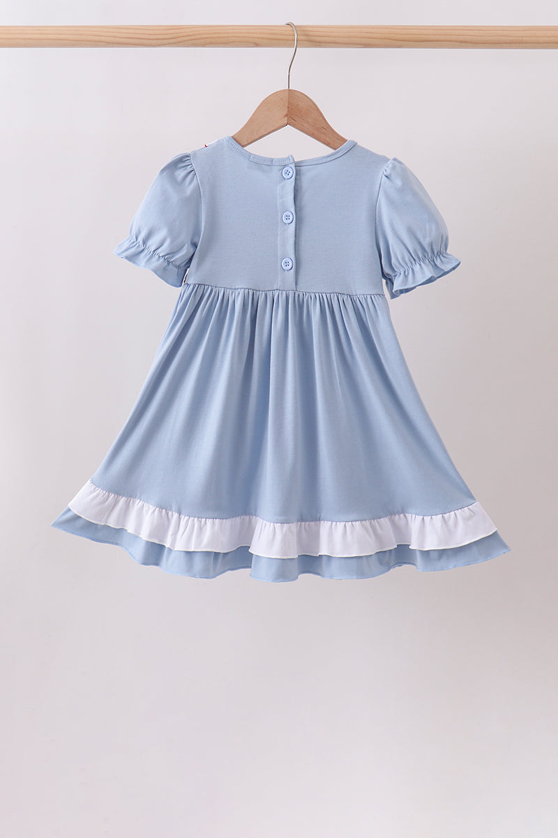Girls Blue Apple Embroidered Dress