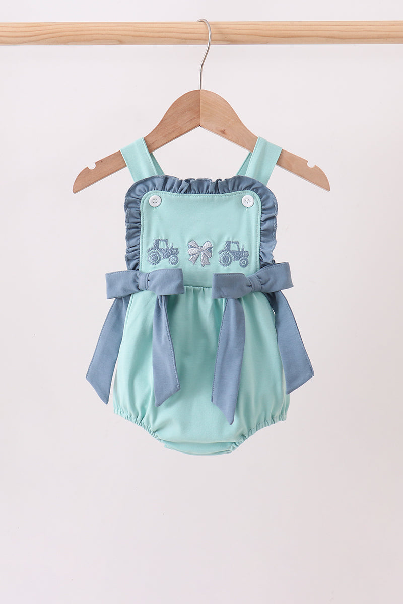 Baby Girl Blue Farm Tractor Embroidered Bubble