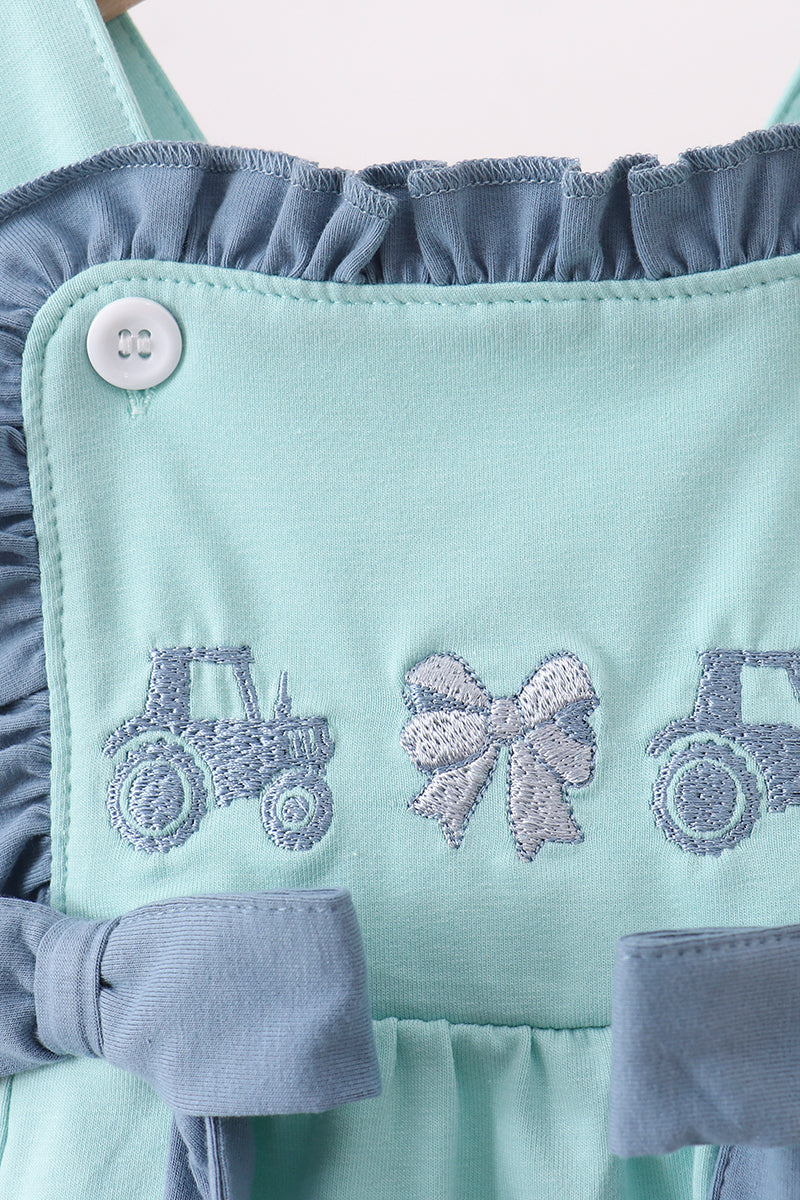 Baby Girl Blue Farm Tractor Embroidered Bubble