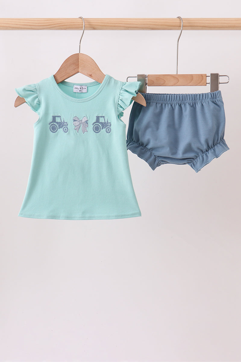 Baby Girls Blue Farm Tractor Embroidered Bloomer Set