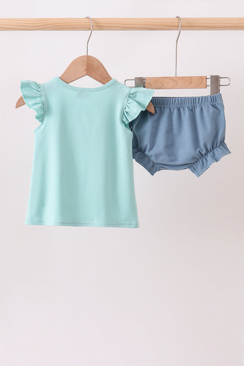 Baby Girls Blue Farm Tractor Embroidered Bloomer Set