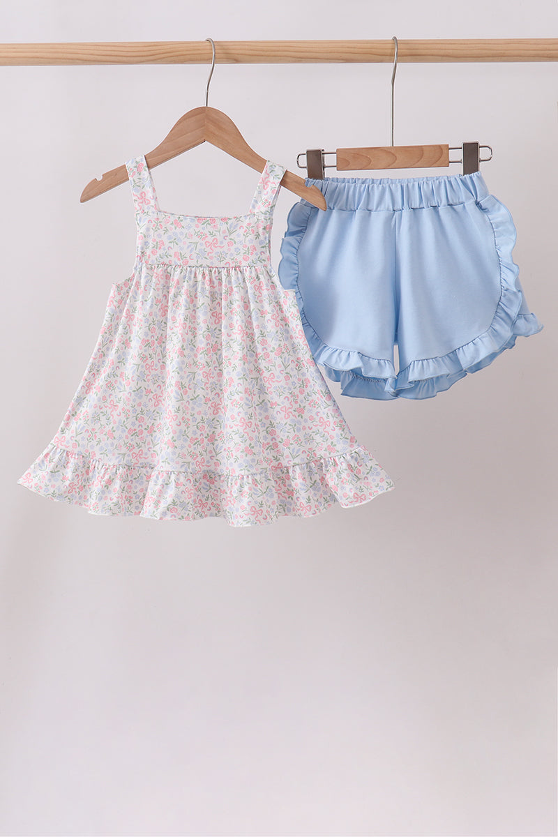 Girls Blue Floral Print Ruffle Shorts Set