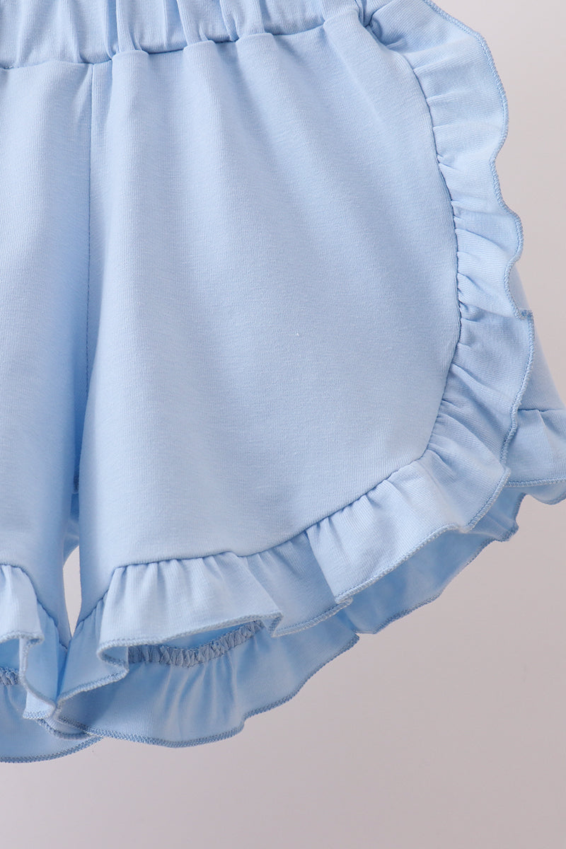 Girls Blue Floral Print Ruffle Shorts Set