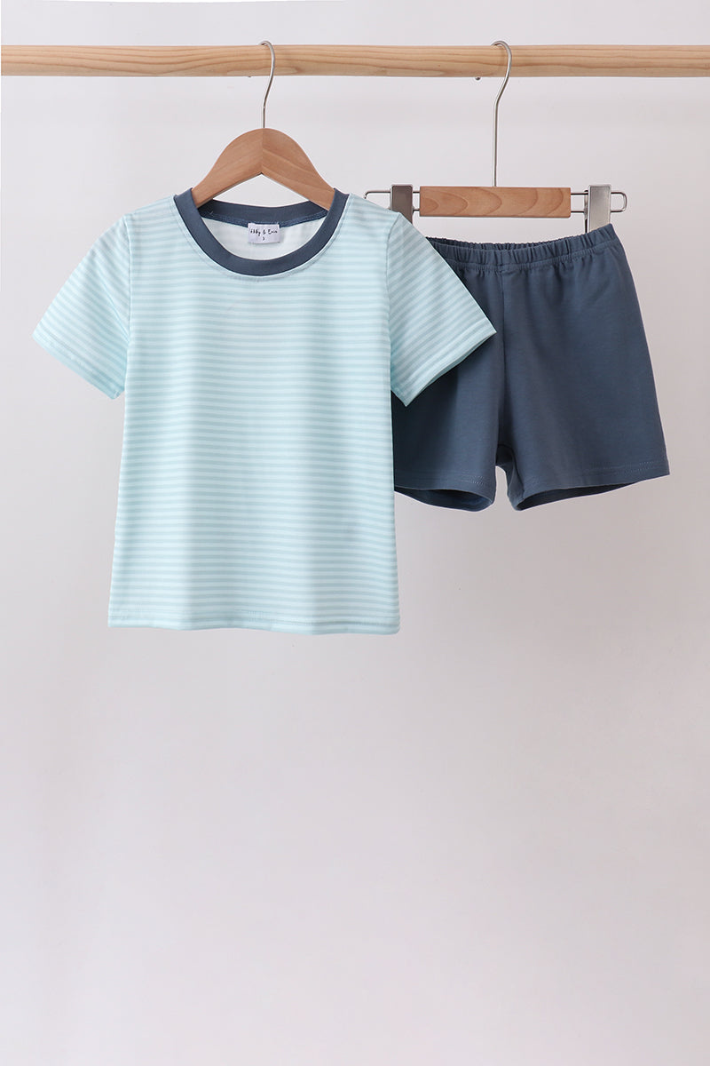 Boys Blue Stripe Shorts Set