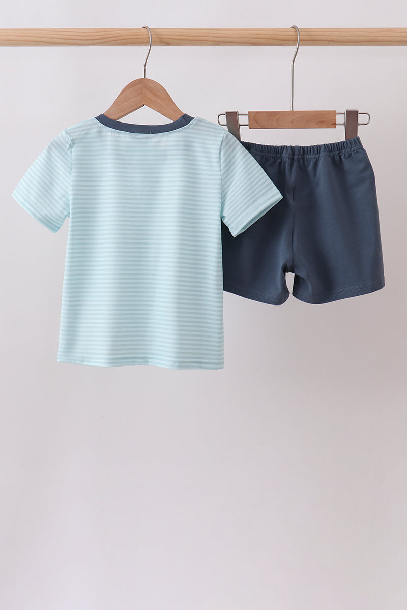 Boys Blue Stripe Shorts Set