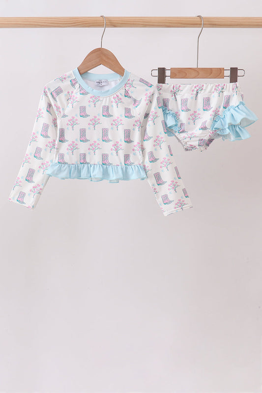 Girls Long Sleeve Blue Boots Ruffle Rashguard Swim Set