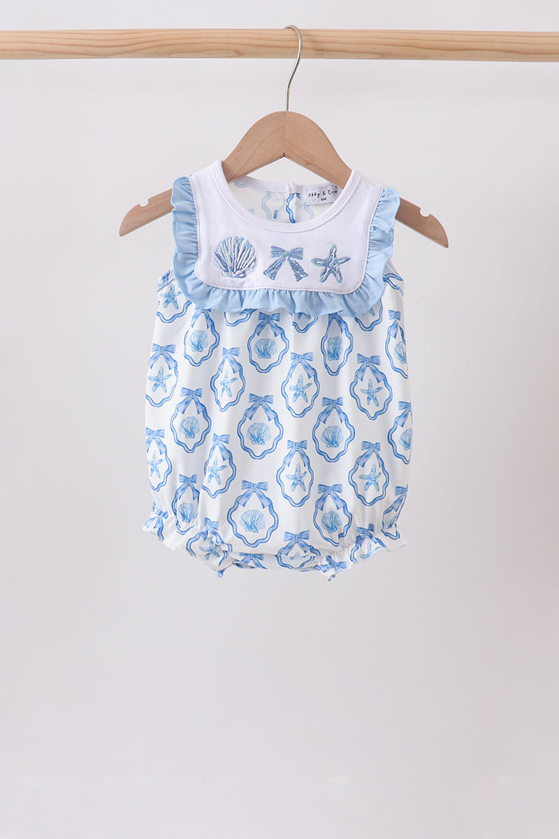 Baby Girls Blue Shells Embroidered Ruffle Bubble