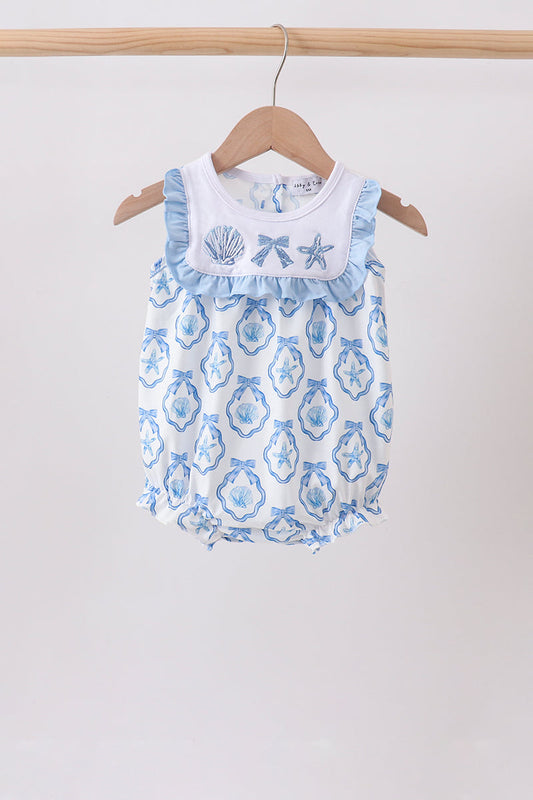 Baby Girls Blue Shells Embroidered Ruffle Bubble