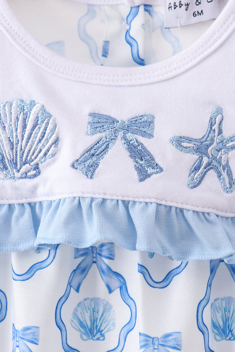 Baby Girls Blue Shells Embroidered Ruffle Bubble