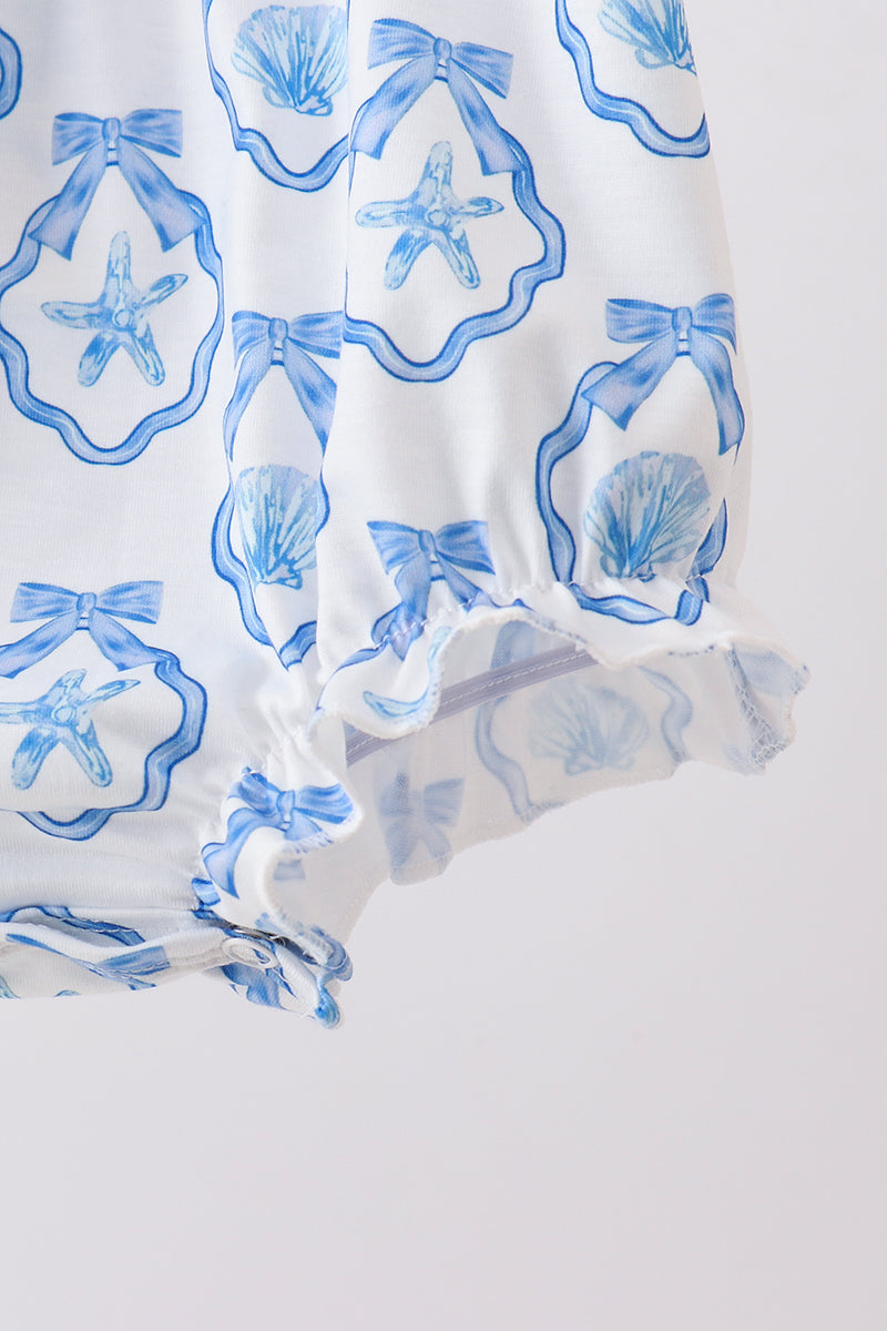 Baby Girls Blue Shells Embroidered Ruffle Bubble