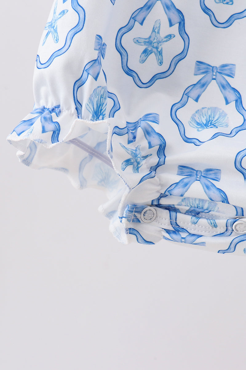 Baby Girls Blue Shells Embroidered Ruffle Bubble