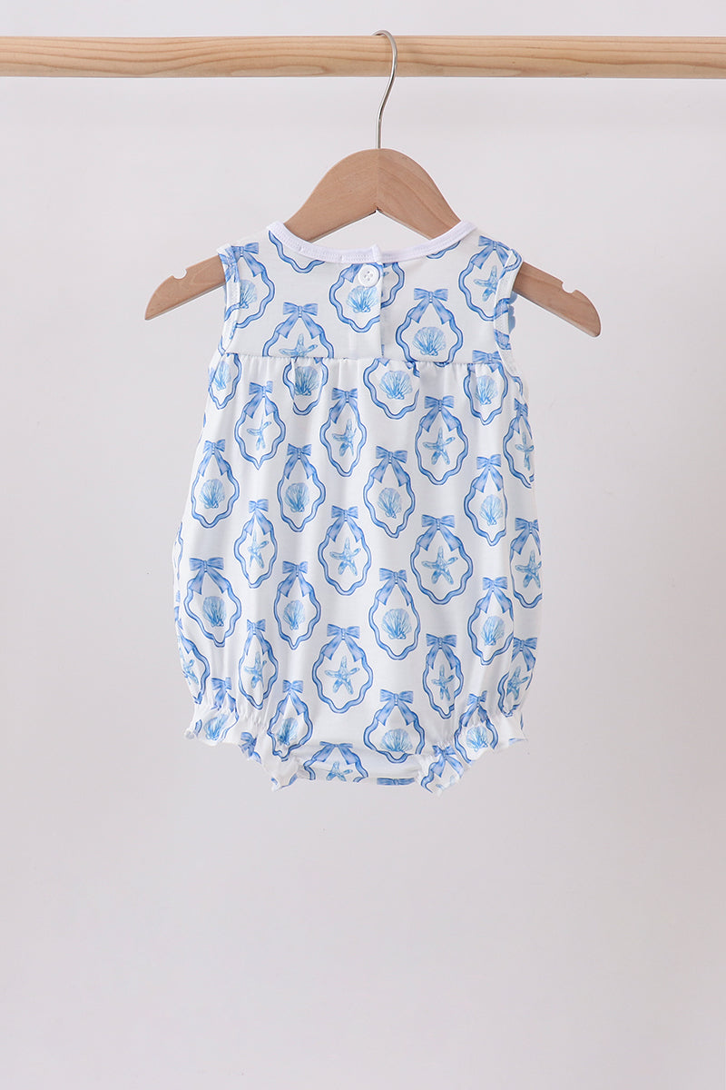 Baby Girls Blue Shells Embroidered Ruffle Bubble