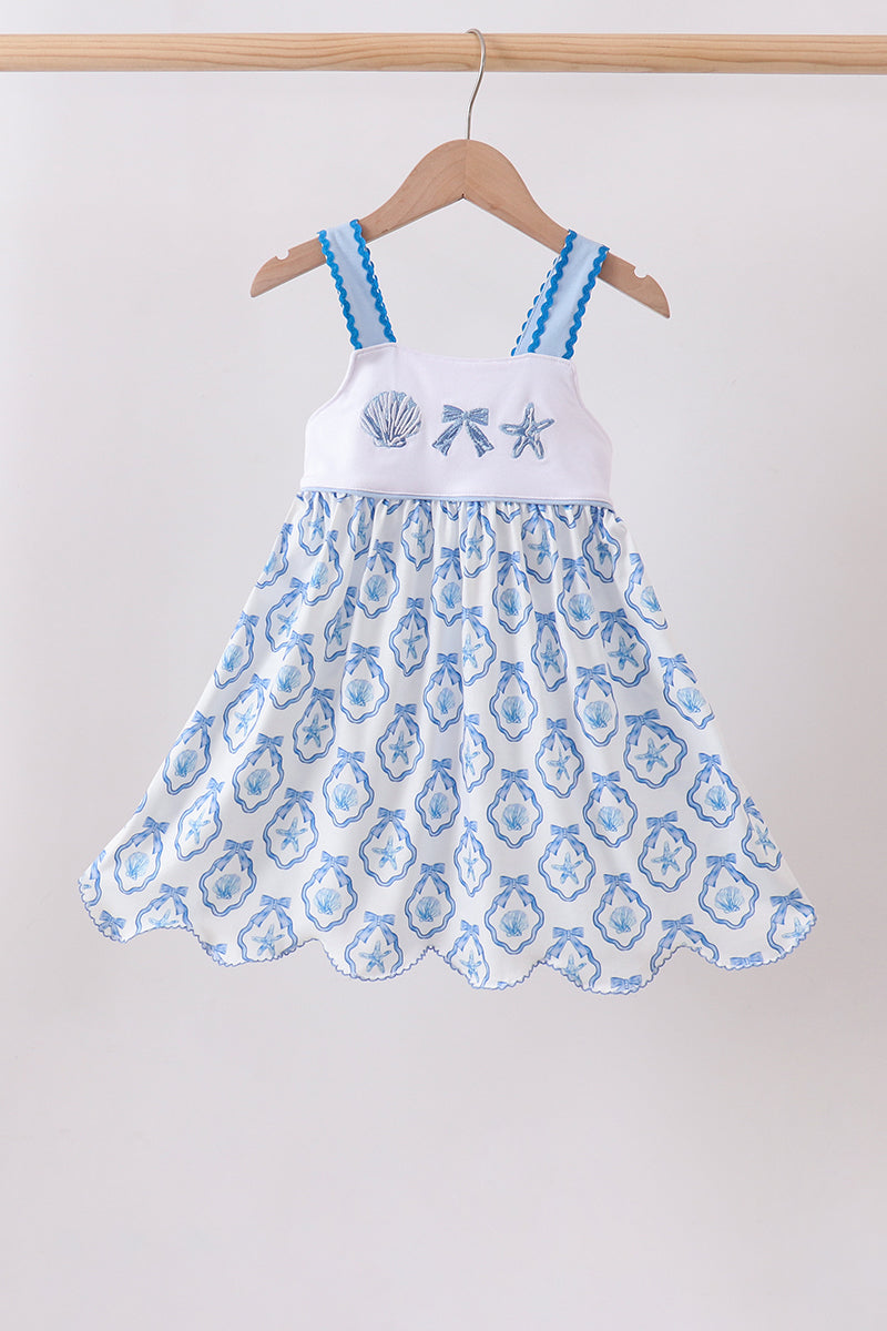 Girls Blue Shells Embroidered Dress