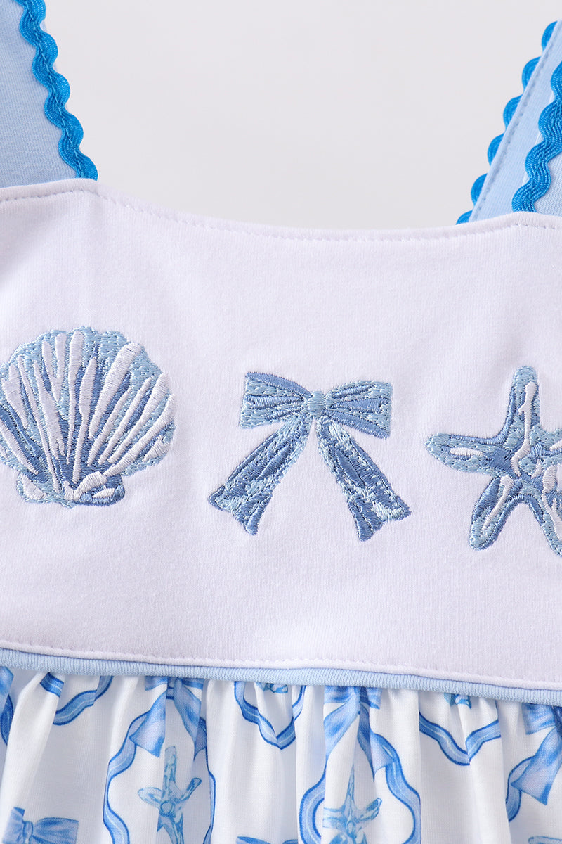 Girls Blue Shells Embroidered Dress