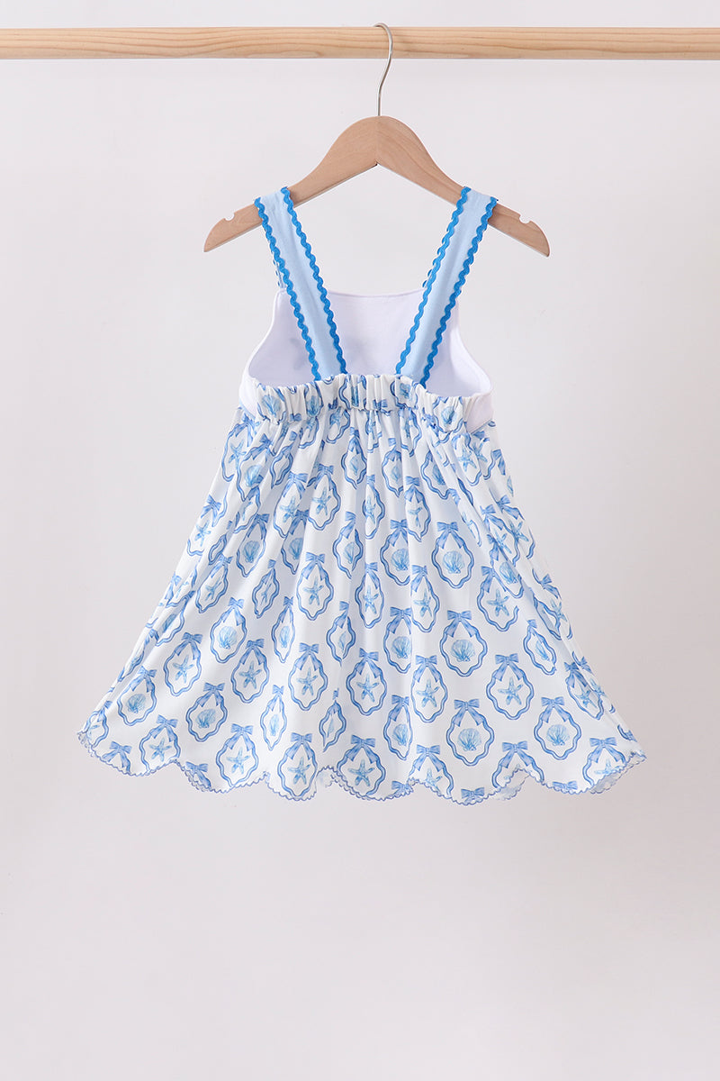 Girls Blue Shells Embroidered Dress