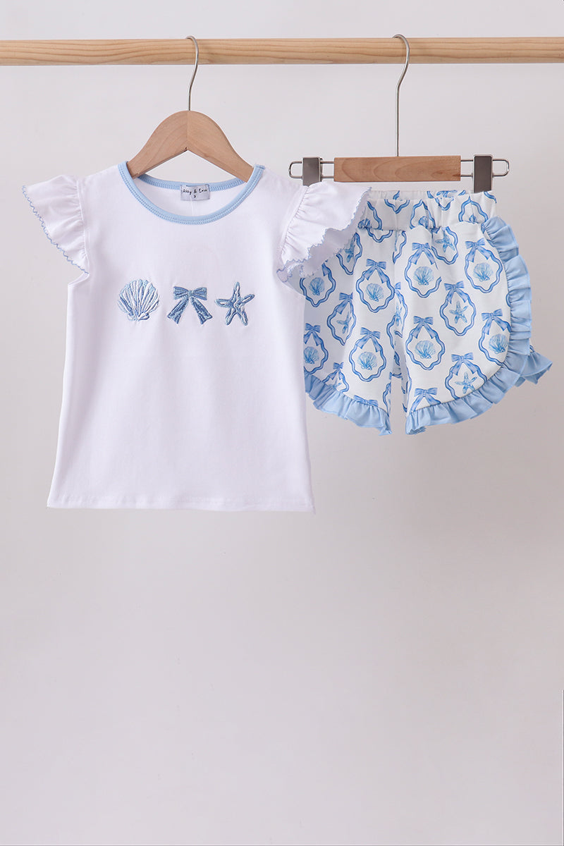 Girls Blue Shells Embroidered Ruffle Shorts Set