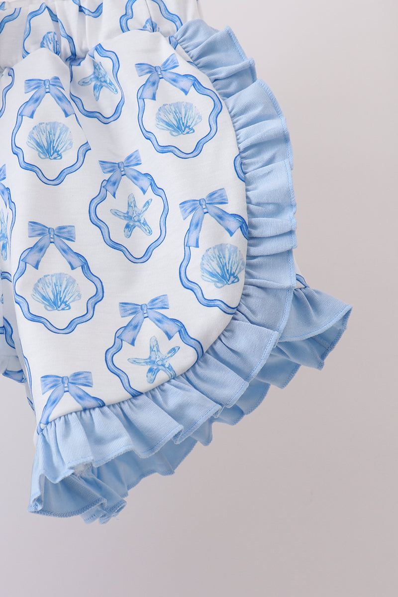Girls Blue Shells Embroidered Ruffle Shorts Set