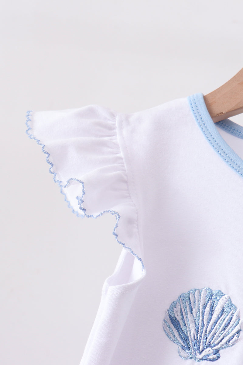 Girls Blue Shells Embroidered Ruffle Shorts Set