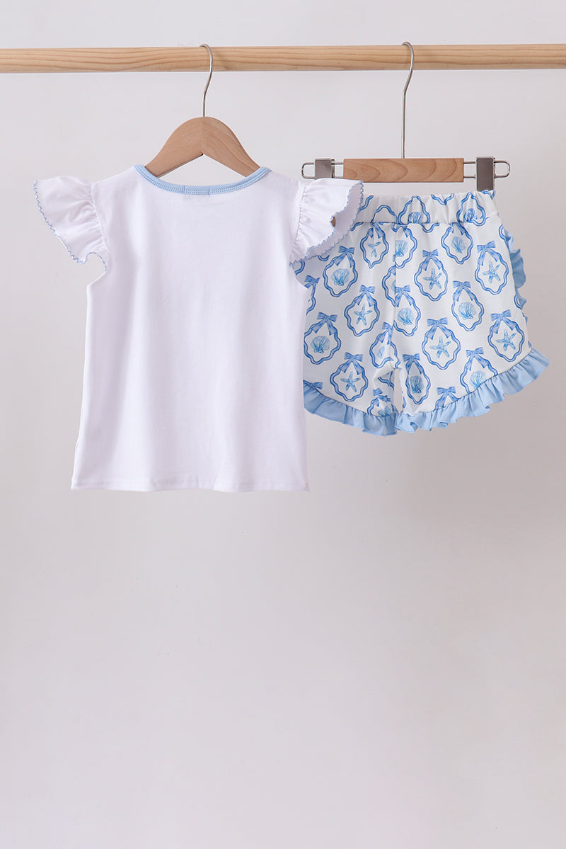 Girls Blue Shells Embroidered Ruffle Shorts Set