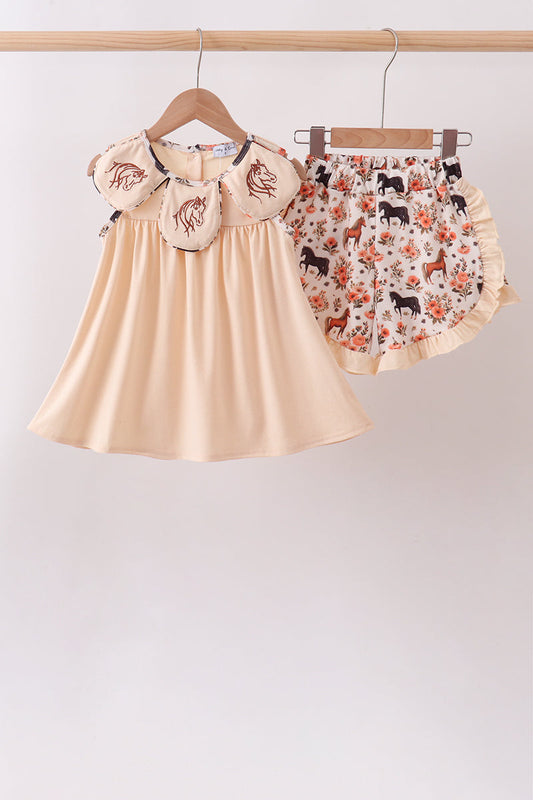 Girls’ Khaki Shorts Set with Horse Embroidery and Ruffles
